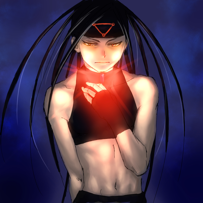 1boy, androgynous, black_hair, envy_(fma), fullmetal_alchemist, long_hair, male, midriff