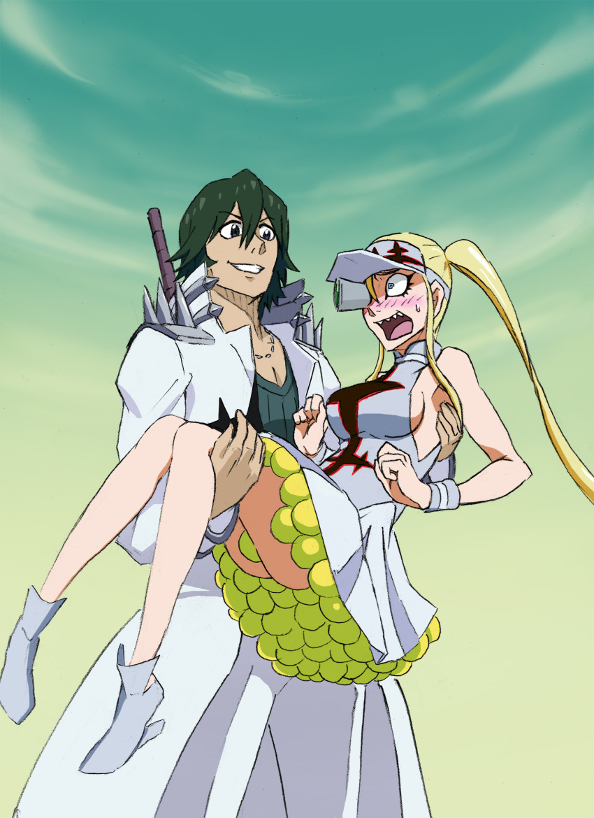 1boy, 1girl, @_@, azinori123, ball, blonde_hair, blush, carrying