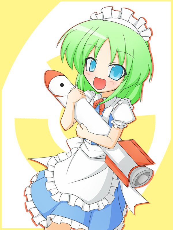 1girl, :d, apron, cop_(shokkidana), green_hair, maid, maid_headdress, mimi-chan
