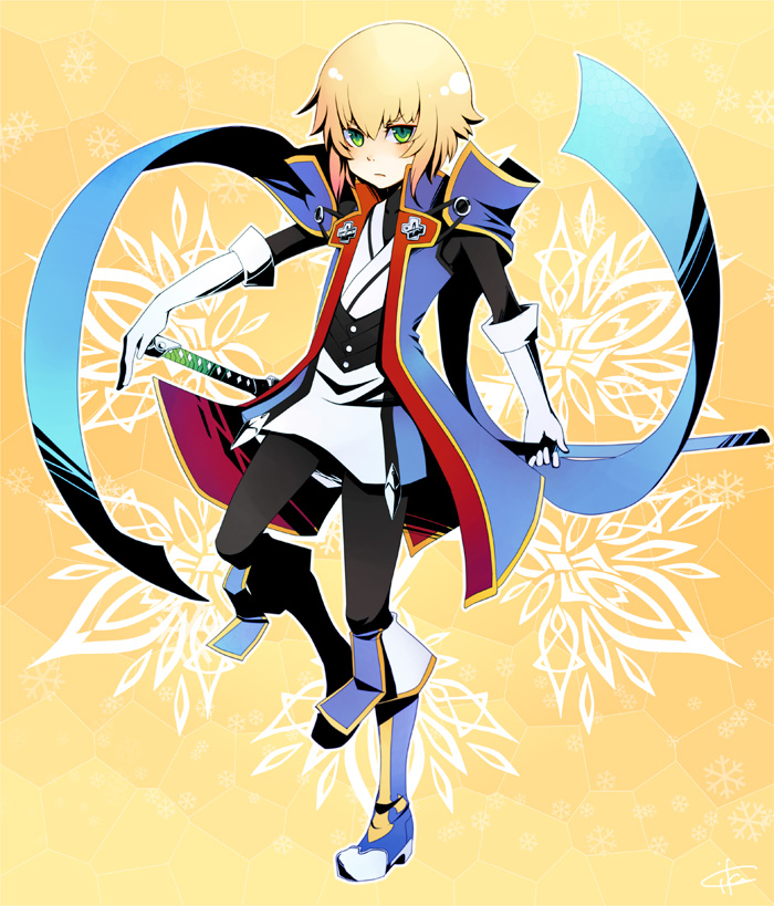 blazblue, blonde_hair, cika_(keiko_sakurai), gloves, green_eyes, jin_kisaragi, male, sword