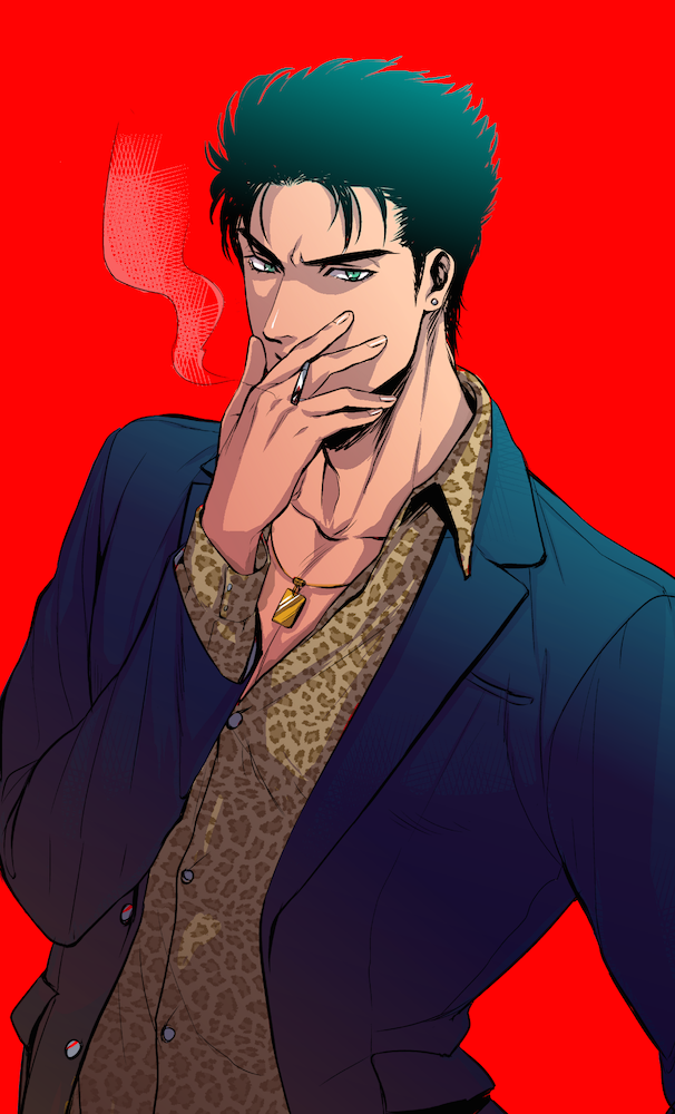 1boy, cigarette, formal, green_eyes, jinglus4122, jojo_no_kimyou_na_bouken, kuujou_joutarou, leopard_print, no_hat, solo, suit