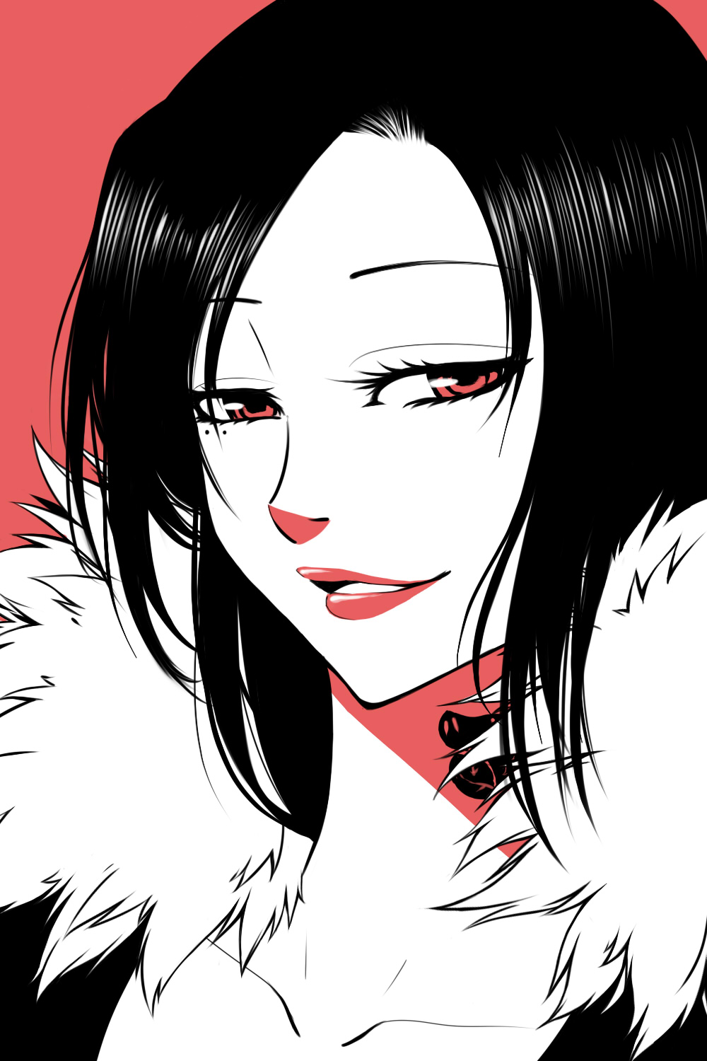 1girl, aidesa, black_hair, eyelashes, fur_trim, happy, highres, lipstick