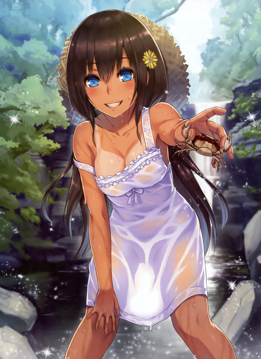 1girl, 2d, absurdres, bare_shoulders, black_hair, blue_eyes, breasts, cleavage