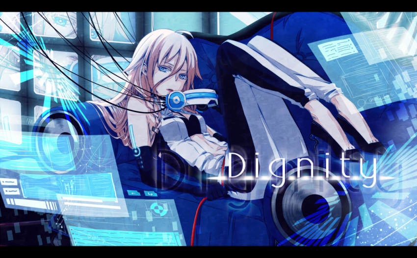1girl, ahoge, blonde_hair, blue_eyes, braid, cable, couch, elbow_gloves