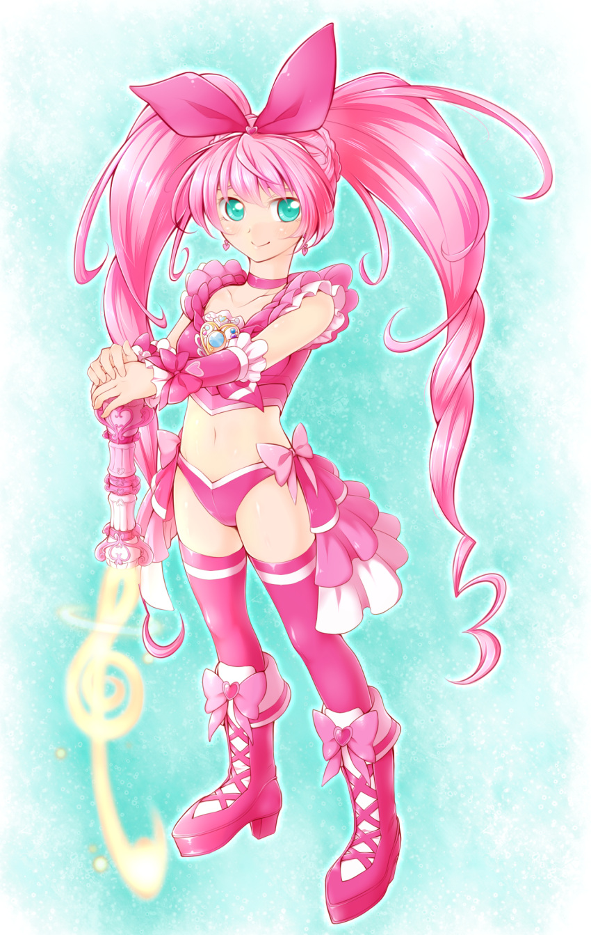 1girl, adapted_costume, arakawa_tarou, blue_eyes, boots, braid, choker, cure_melody, earrings, hair_ornament, hair_ribbon, happy, highres, houjou_hibiki, jewelry, knee_boots, long_hair, looking_at_viewer, magical_girl, midriff, navel, pink_hair, pink_legwear, pink_shirt, pink_underwear, precure, ribbon, shirt, single_braid, smile, solo, standing, suite_precure, thigh-highs, thighs, twintails, underwear, wrist_cuffs