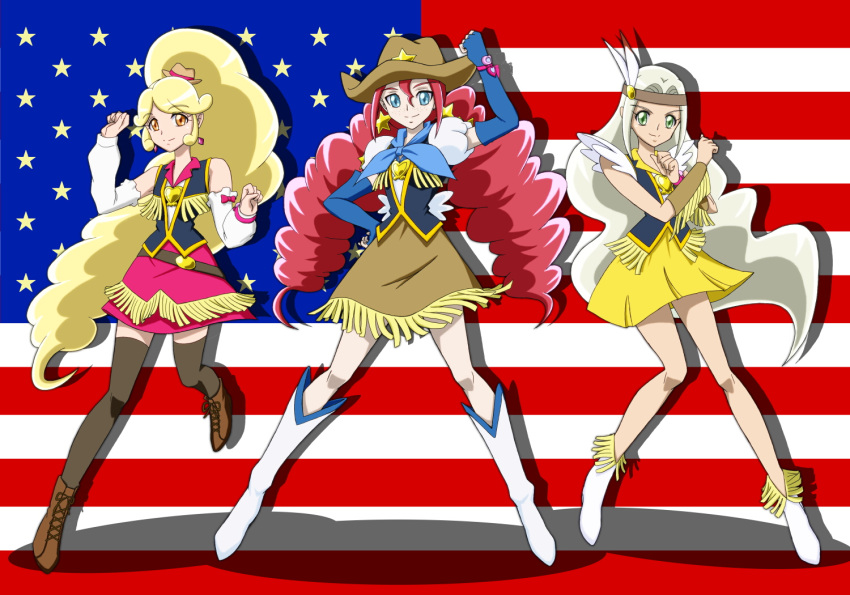 3girls, blonde_hair, blonde_haired_cure_(bomber_girls_precure)_(happinesscharge_precure!), blue_eyes, boots, detached_sleeves, drill_hair, earrings