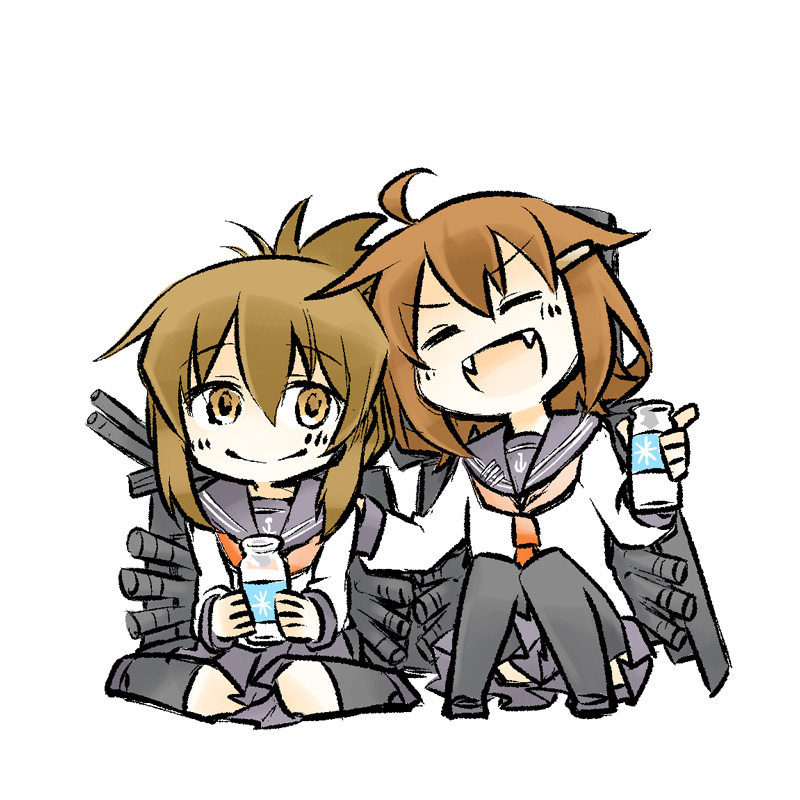 2girls, ^_^, ahoge, bottle, brown_eyes, brown_hair, chibi, closed_eyes