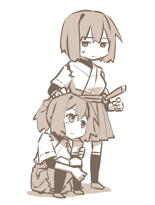 2girls, black_legwear, flat_gaze, hand_on_another's_head, hyuuga_(kantai_collection), ise_(kantai_collection), japanese_clothes, kantai_collection