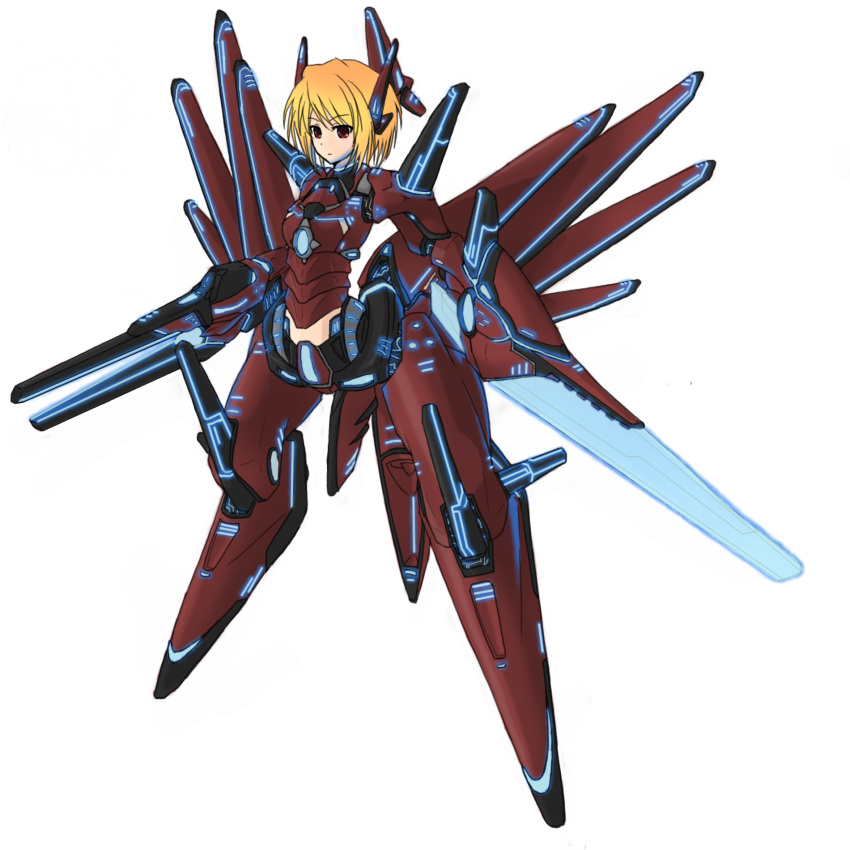 1girl, ast_karen, blonde_hair, expressionless, glowing, glowing_sword, glowing_weapon, gun, highres, mecha_musume, mechanical_arms, mechanical_legs, original, red_eyes, short_hair, solo, sword, weapon