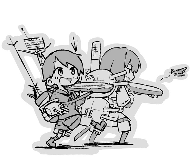 2girls, :d, airplane, chibi, flight_deck, hyuuga_(kantai_collection), japanese_clothes, kantai_collection