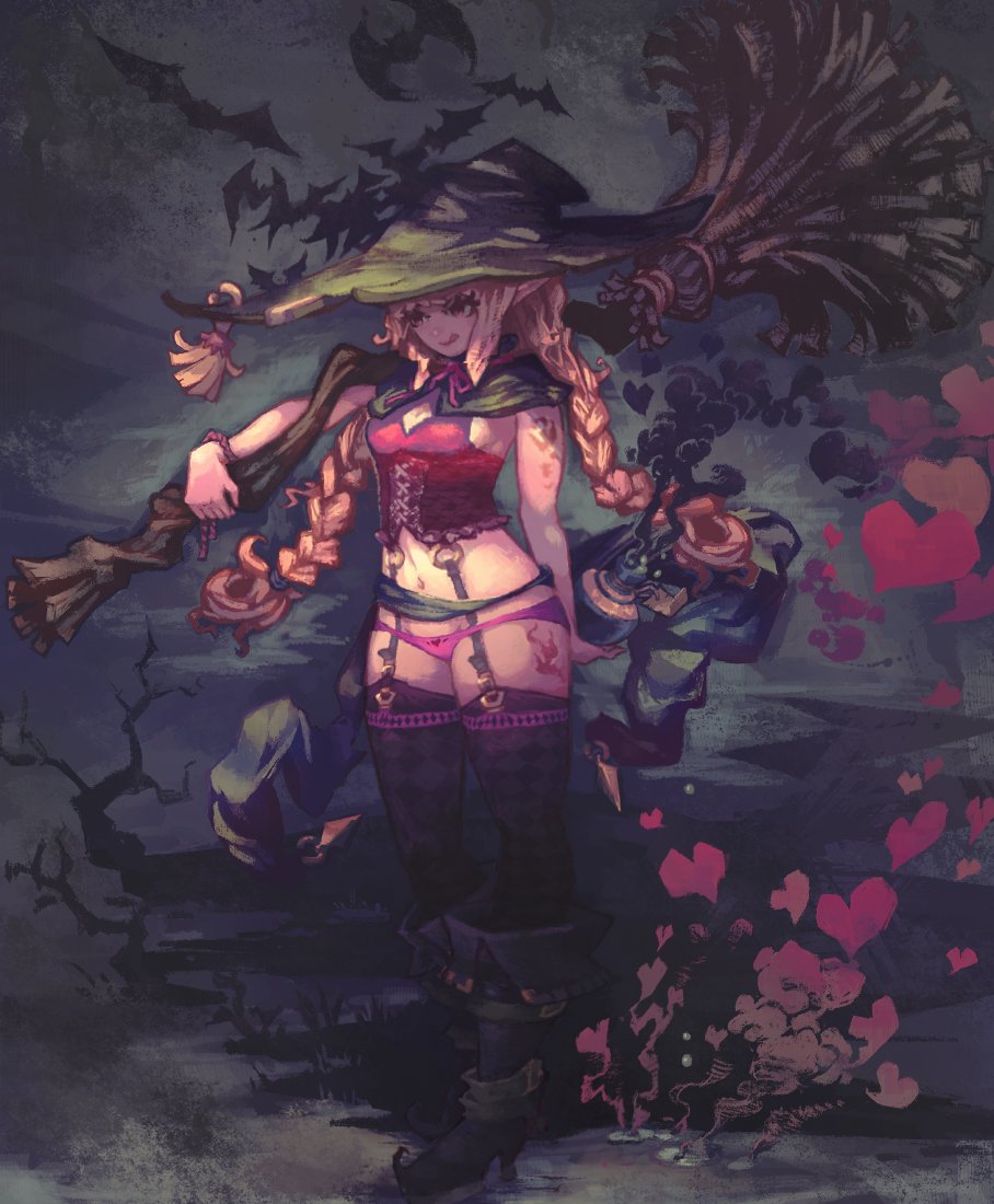 1girl, :p, bat, blonde_hair, boots, bottle, braid, broom