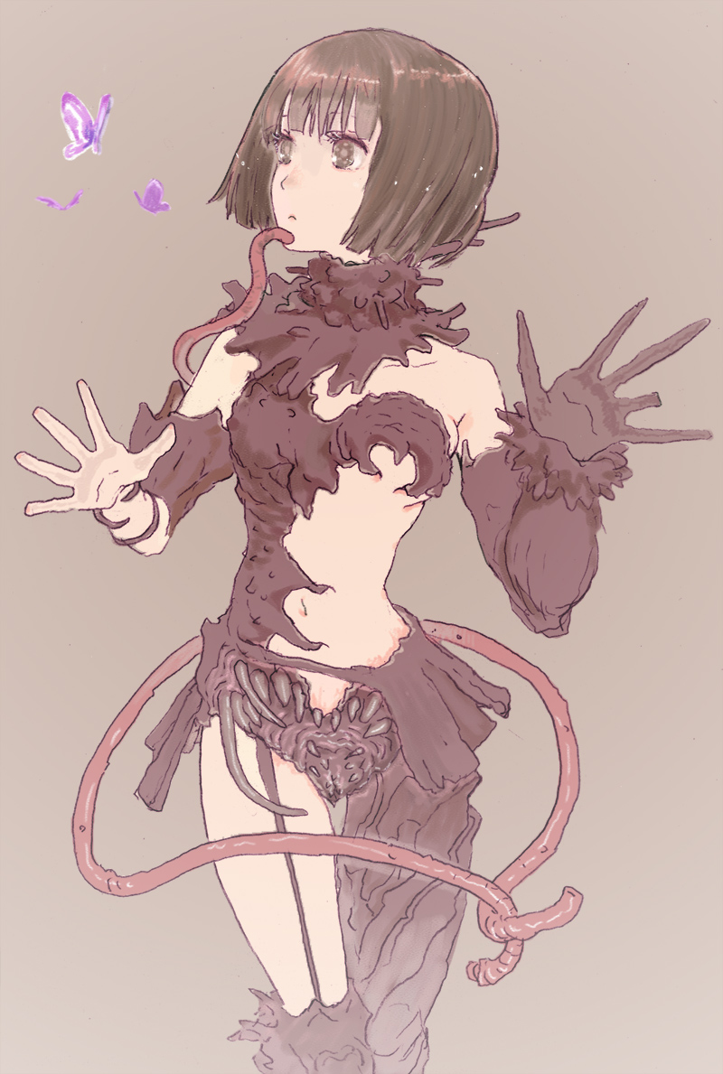 1girl, alien, black_hair, bob_cut, butterfly, gauna, hoshijiro_shizuka, kango_tarou