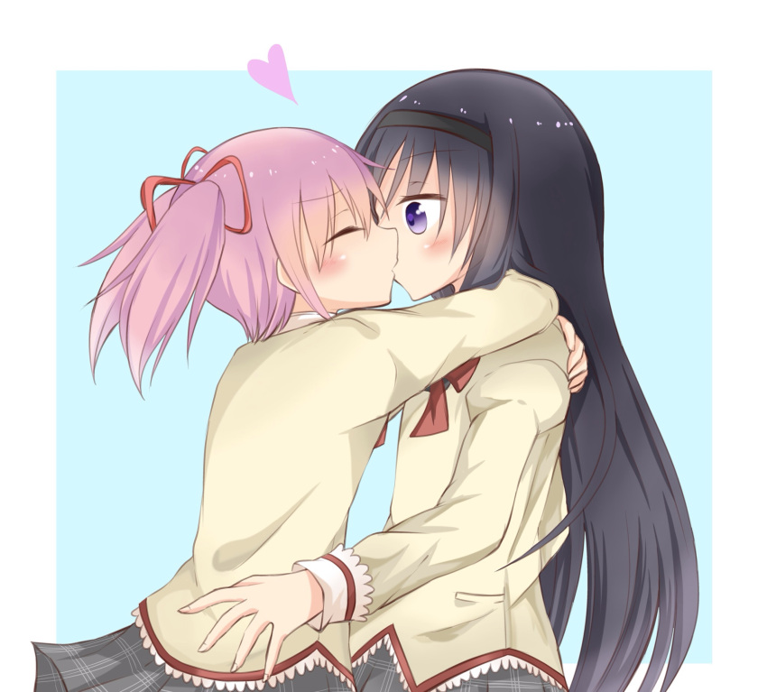 2girls, akemi_homura, black_hair, bobujirou, bow, closed_eyes, hair_ribbon, hairband, heart, highres, hug, kaname_madoka, kiss, long_hair, looking_at_another, mahou_shoujo_madoka_magica, multiple_girls, pink_hair, ribbon, school_uniform, short_hair, short_twintails, simple_background, skirt, surprised, twintails, violet_eyes, yuri