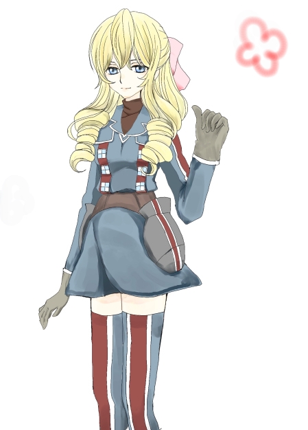 blonde_hair, blue_eyes, bread_(pixiv92852), drill_hair, long_hair, military_uniform, pink_ribbon, ribbon, senjou_no_valkyria, skirt, susie_evans, thigh-highs, uniform