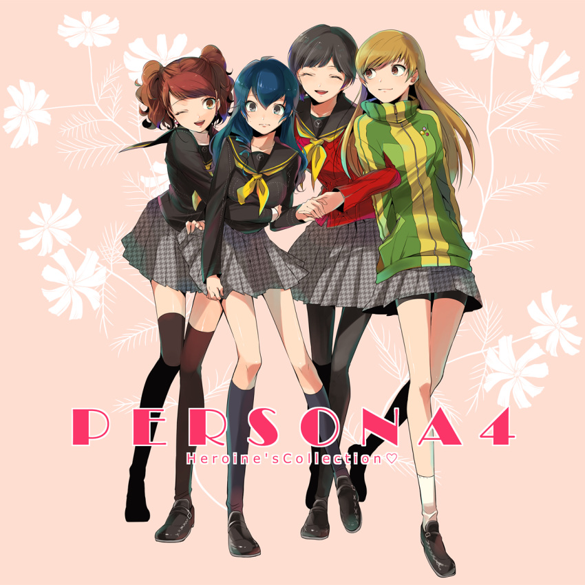 4girls, alternate_hair_length, alternate_hairstyle, amagi_yukiko, english, highres, ksuzume, kujikawa_rise, long_hair, multiple_girls, persona, persona_4, satonaka_chie, school_uniform, shirogane_naoto, short_hair, skirt, track_jacket