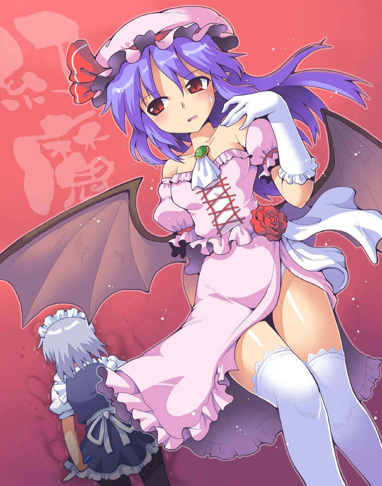2girls, bare_shoulders, bat_wings, black_legwear, blue_hair, blush, detached_sleeves, gloves