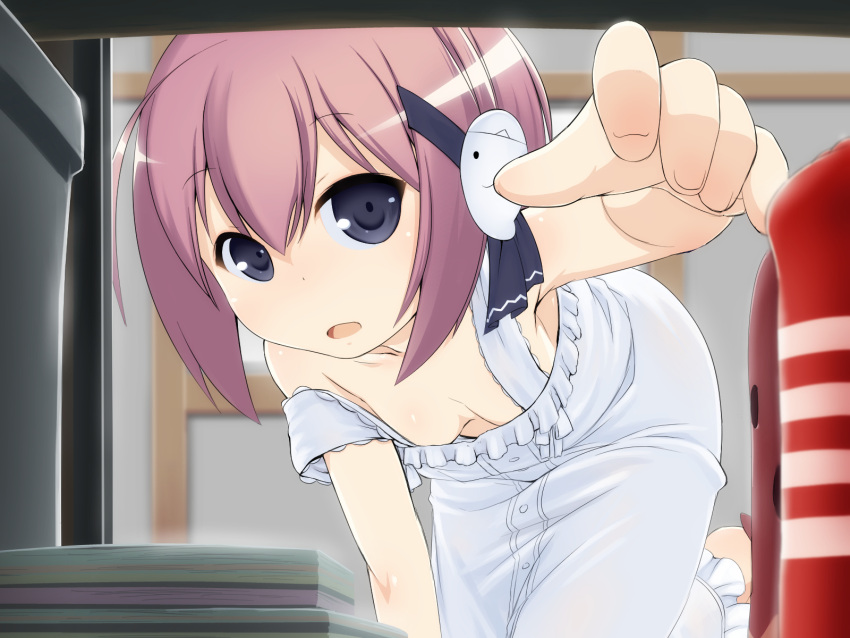 all_fours, bare_shoulders, black_eyes, breasts, cleavage, dress, higashihongan_sanae, highres