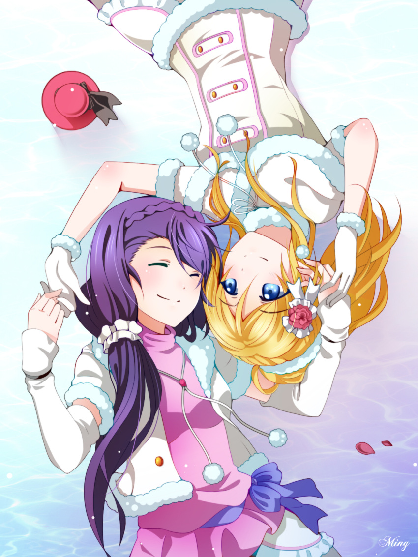 ayase_eli, blonde_hair, blue_eyes, blush, breasts, closed_eyes, detached_sleeves, flower
