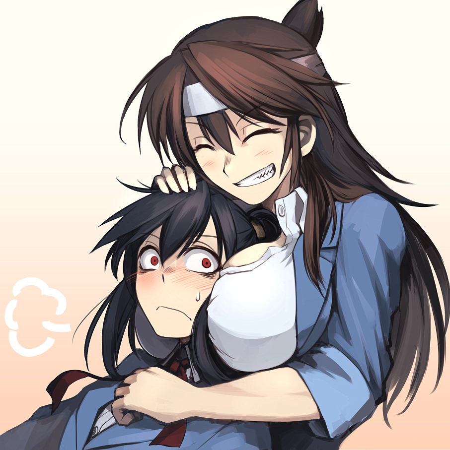 2girls, between_breasts, black_hair, blush, breasts, brown_hair, gradient, gradient_background