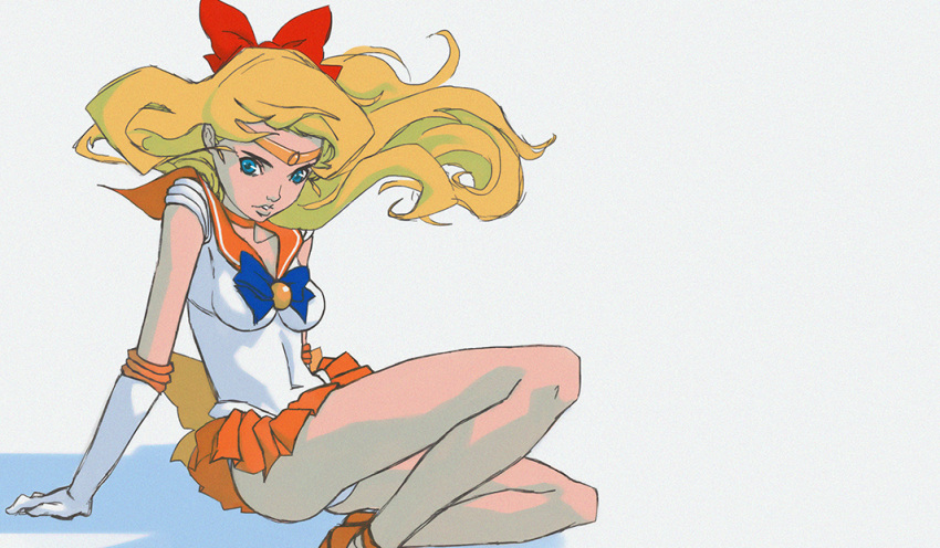 1girl, aino_minako, bare_legs, bishoujo_senshi_sailor_moon, blue_eyes, bow, choker, circlet, elbow_gloves, floating_hair, gloves, hair_bow, joyacuson, long_hair, miniskirt, orange_skirt, parted_lips, pleated_skirt, sailor_collar, sailor_venus, simple_background, sitting, skirt, solo, white_gloves, wind