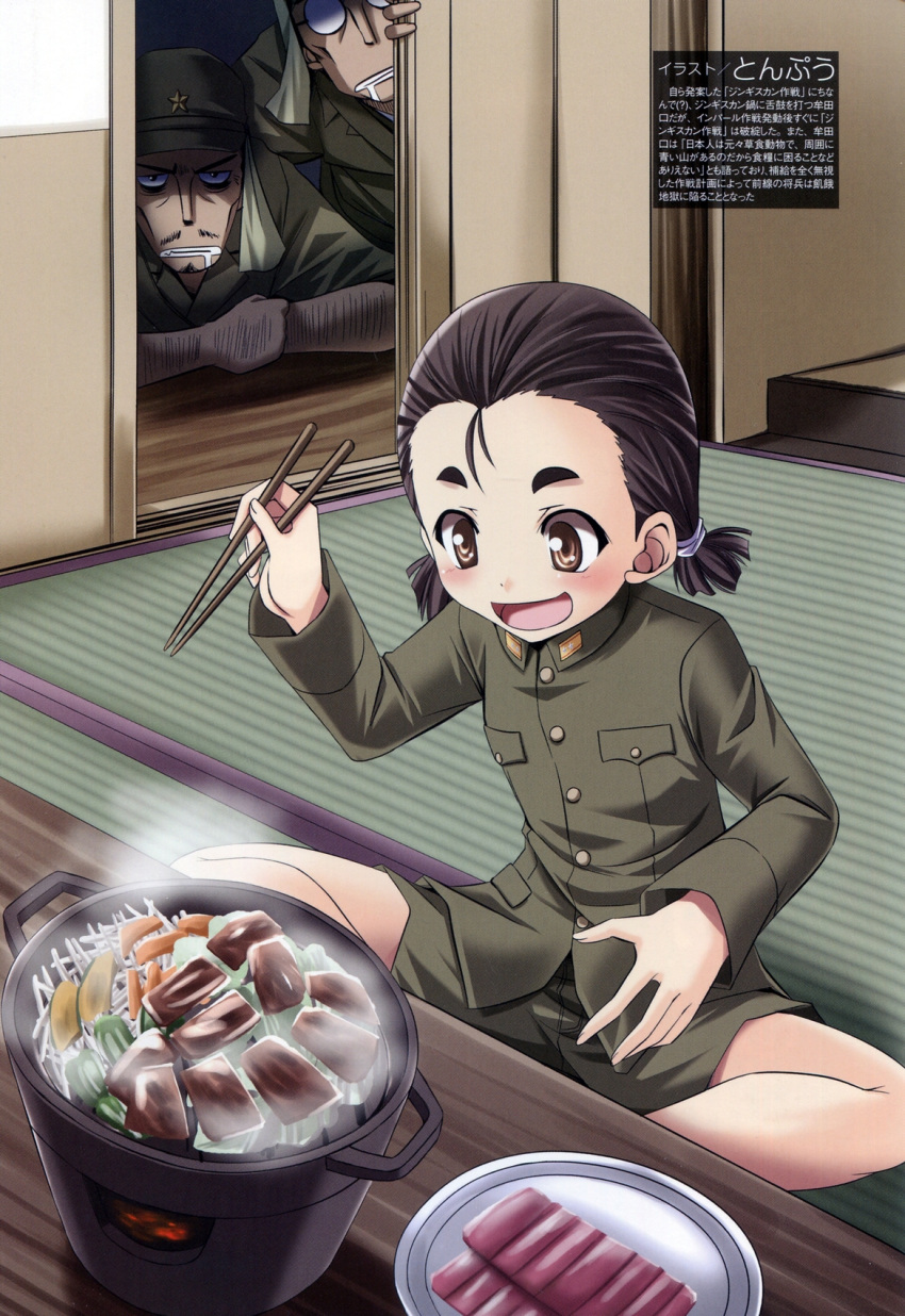 1girl, :d, black_hair, blush, brown_eyes, buttons, chopsticks, cooking, eyebrows, food, genderswap, hair_strand, highres, holding, indian_style, indoors, long_sleeves, mc_axis, military, military_uniform, mutaguchi_renya, open_mouth, original, pants, plate, pocket, real_life, short_hair, shorts, sitting, smile, steam, text, tonpuu, translation_request, twintails, uniform