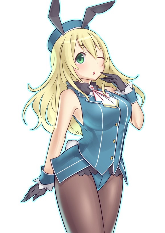 1girl, adapted_costume, animal_ears, atago_(kantai_collection), blonde_hair, bunny_tail, gloves, green_eyes