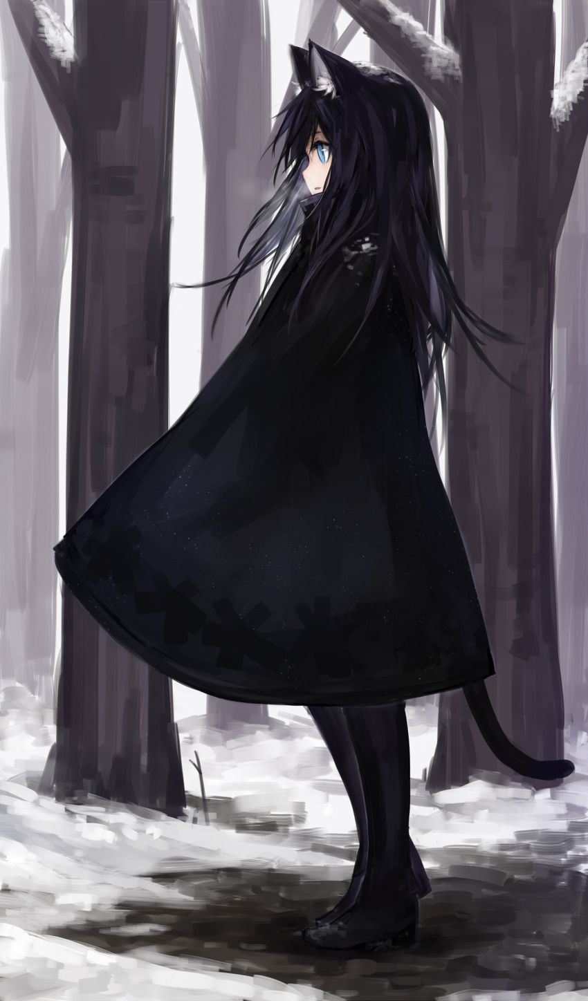 animal_ears, black_hair, blue-eyes, cat_ears, highres, original, pantyhose, pixiv_fantasia, pixiv_fantasia_fallen_kings, snow, tail, tree