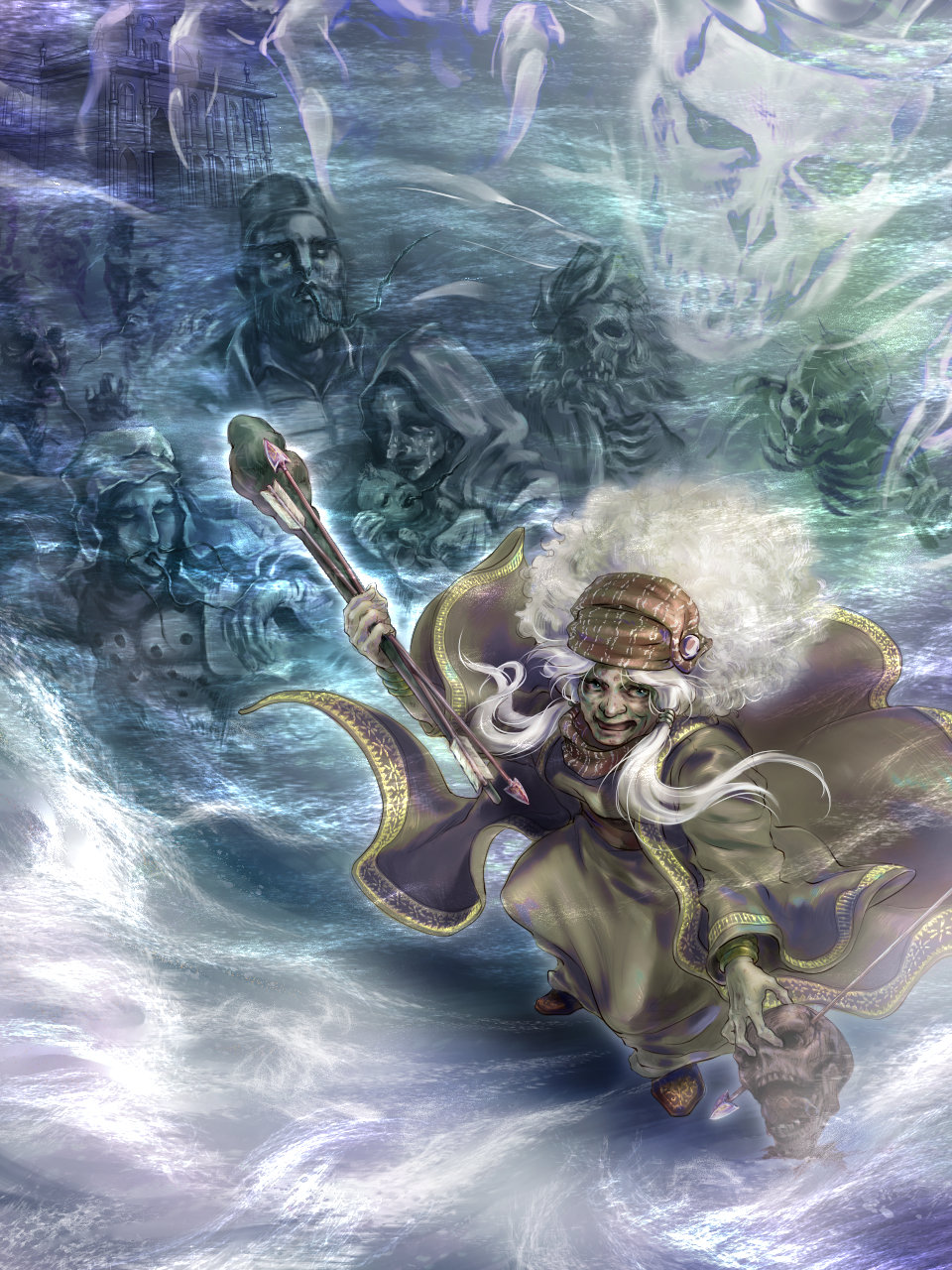 1girl, enya_geil, highres, jojo_no_kimyou_na_bouken, justice_(stand), kyo-ra, old_woman, staff