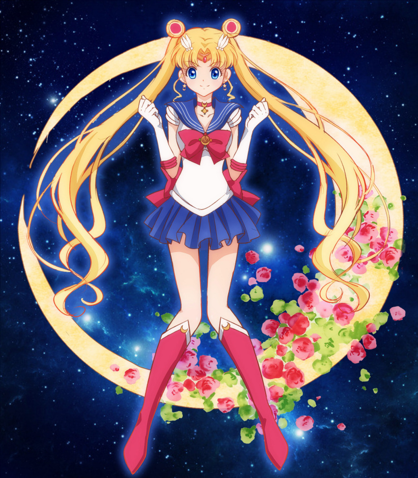 1girl, bishoujo_senshi_sailor_moon, bishoujo_senshi_sailor_moon_crystal, blonde_hair, blue_background, blue_eyes, blue_skirt, boots