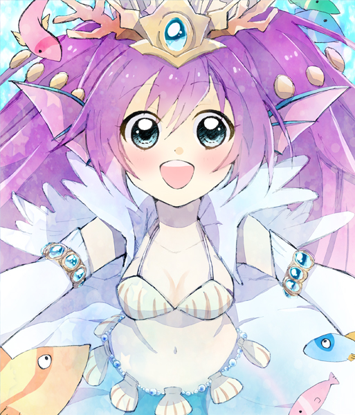 1girl, :d, animal, armlet, blue_background, blue_eyes, blush, breasts