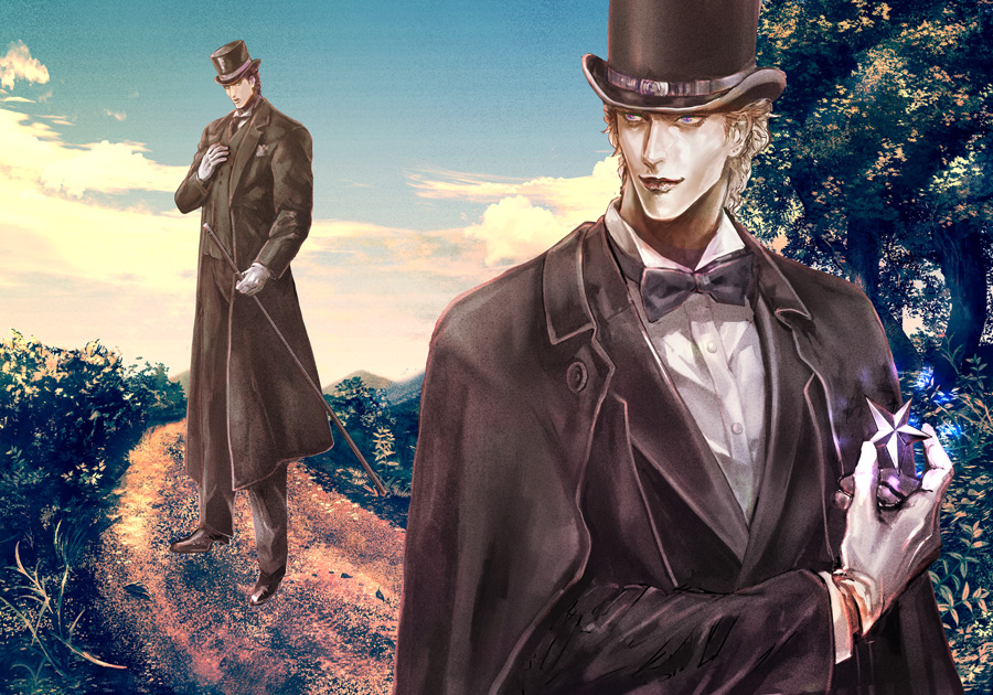 243_(jel), 2boys, bowtie, dio_brando, formal, gentleman, gloves, hat, jojo_no_kimyou_na_bouken, jonathan_joestar, multiple_boys, staff, suit, top_hat