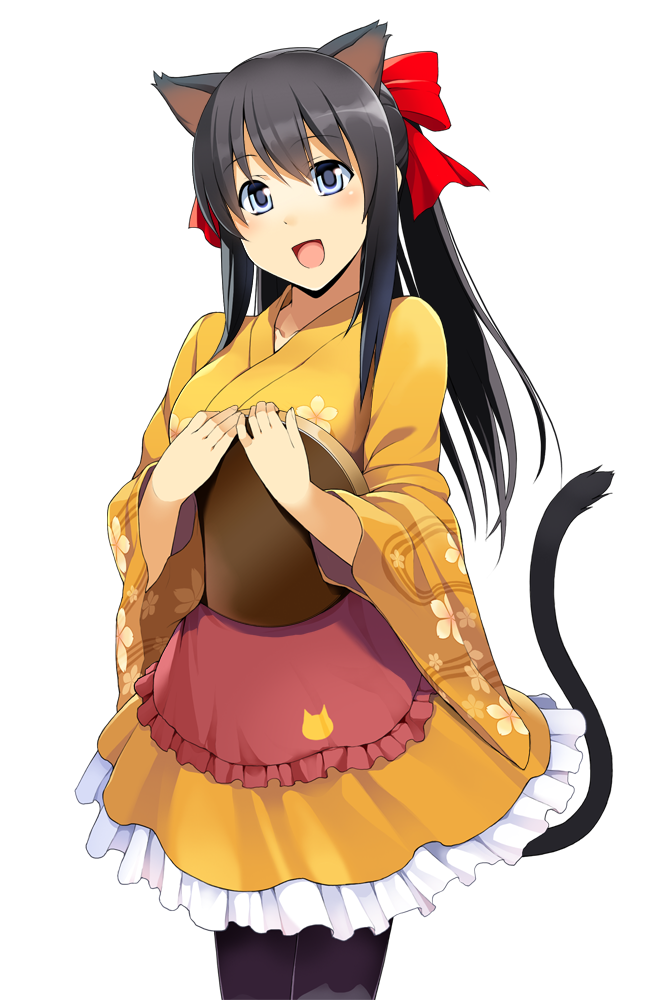 1girl, animal_ears, bell, black_hair, blue_eyes, cat_ears, cat_tail, dress