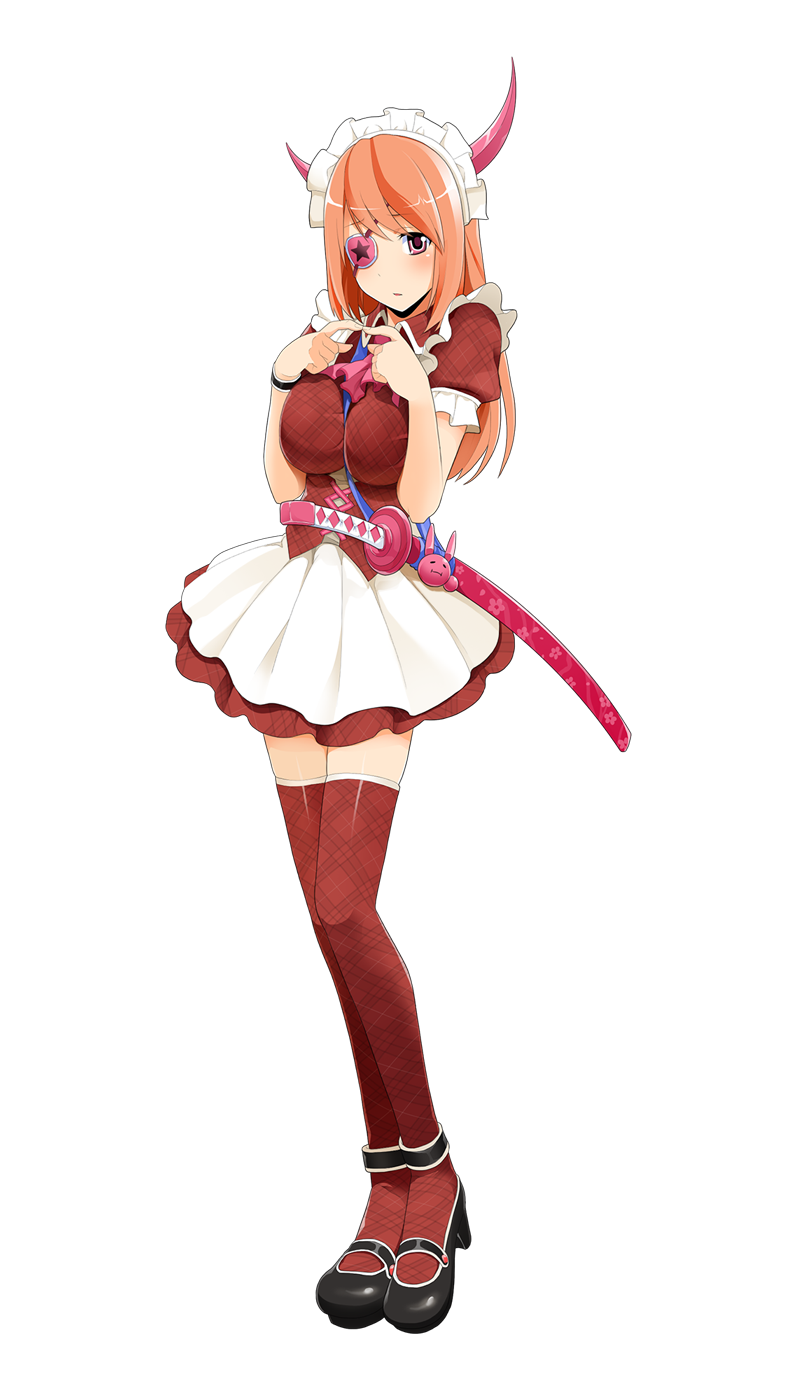 1girl, eyepatch, gun, highres, horns, kaguya_(onigiri), onigiri_(mmorpg), orange_eyes