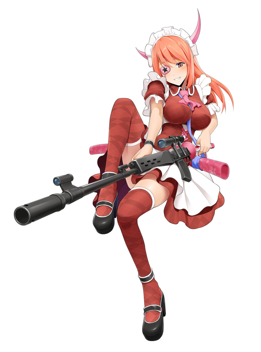 1girl, blush, eyepatch, gun, highres, horns, kaguya_(onigiri), onigiri_(mmorpg), orange_eyes, orange_hair, sword, thigh-highs, weapon