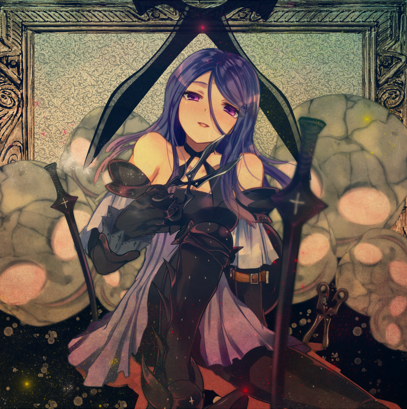 1girl, arm_support, black_gloves, detached_sleeves, drag-on_dragoon, drag-on_dragoon_3, gloves, greaves, long_hair, looking_at_viewer, purple_hair, scissors, shougo_kota, sitting, skirt, solo, sword, three_(drag-on_dragoon), violet_eyes, weapon