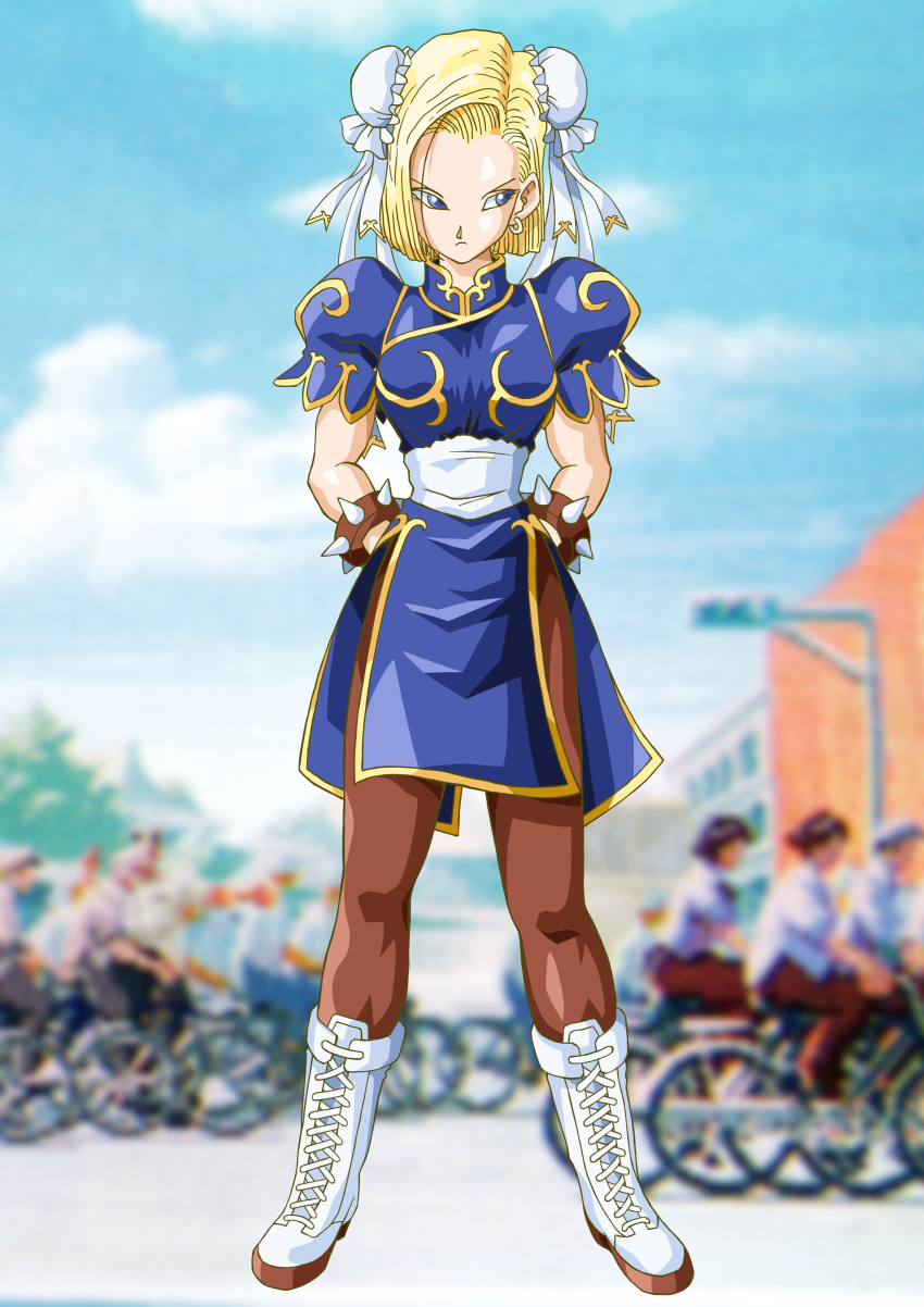 android_18, blonde_hair, boots, bracelet, bun_cover, capcom, china_dress, chinadress