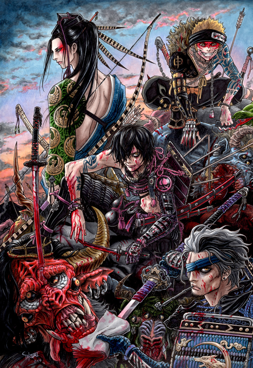 4boys, absurdres, armor, arrow, artist_name, black_hair, blonde_hair, blood