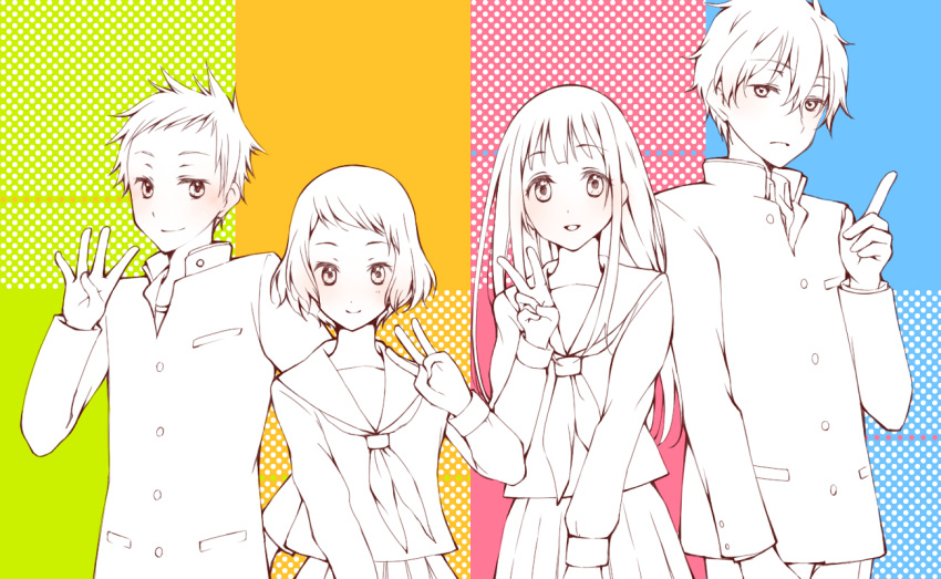 2boys, 2girls, chitanda_eru, fukube_satoshi, gakuran, hyouka, ibara_mayaka, index_finger_raised
