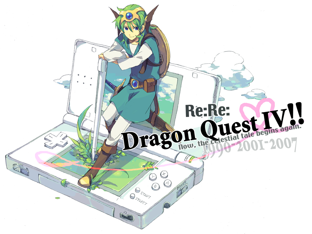 1girl, dragon_quest, dragon_quest_iv, ebira, green_hair, hero_(dq4), miniboy, nintendo_ds