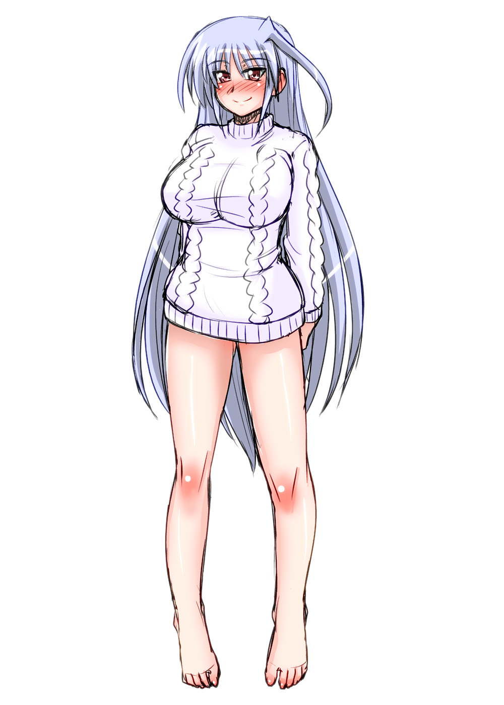 1girl, ahoge, aran_jumper, barefoot, blue_hair, blush, bottomless, full-face_blush