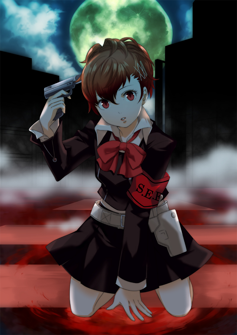 bow, brown_hair, evoker, female_protagonist_(persona_3), gun, hair_ornament, hairclip, kneeling