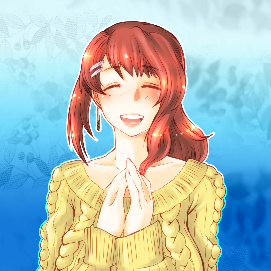 1girl, aran_jumper, asymmetrical_hair, blush, close-up, collarbone, earrings, hair_ornament