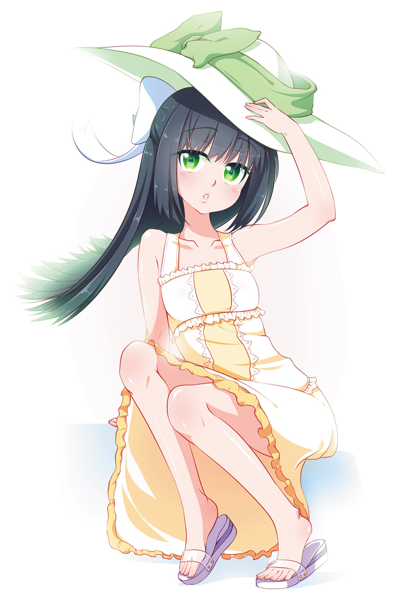 black_hair, dress, green_eyes, hat, hat_removed, headwear_removed, highres, long_hair, mythless, original, ribbon, sandals, sitting, sleeveless, sleeveless_dress