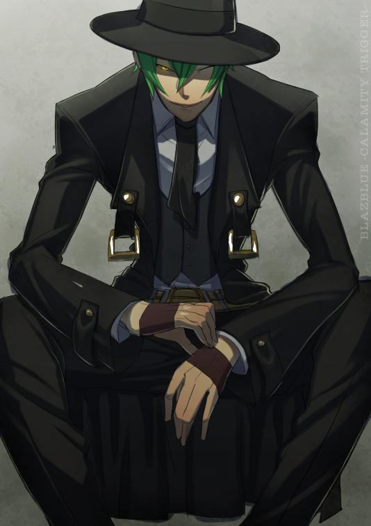 blazblue, evil_grin, evil_smile, fedora, fingerless_gloves, gloves, green_hair, grey_background, grin, hat, hazama, jou_(mono), male, necktie, smile, wink, yellow_eyes