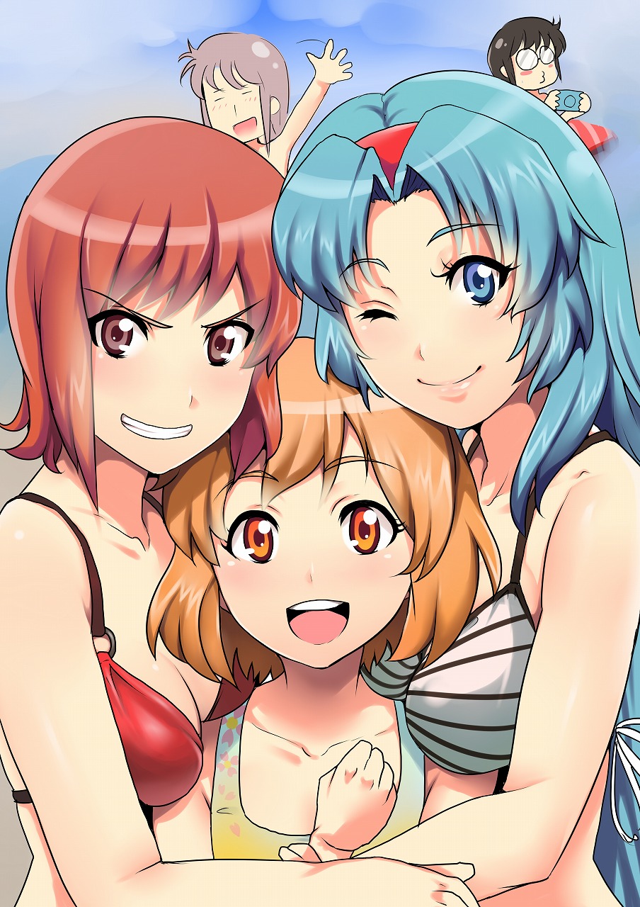 2boys, 3girls, bikini, blue_eyes, breasts, cholesenel, clenched_teeth, glasses