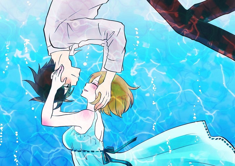 1boy, 1girl, black_hair, brown_hair, chiaki_shin'ichi, couple, dress, hand_on_another's_face