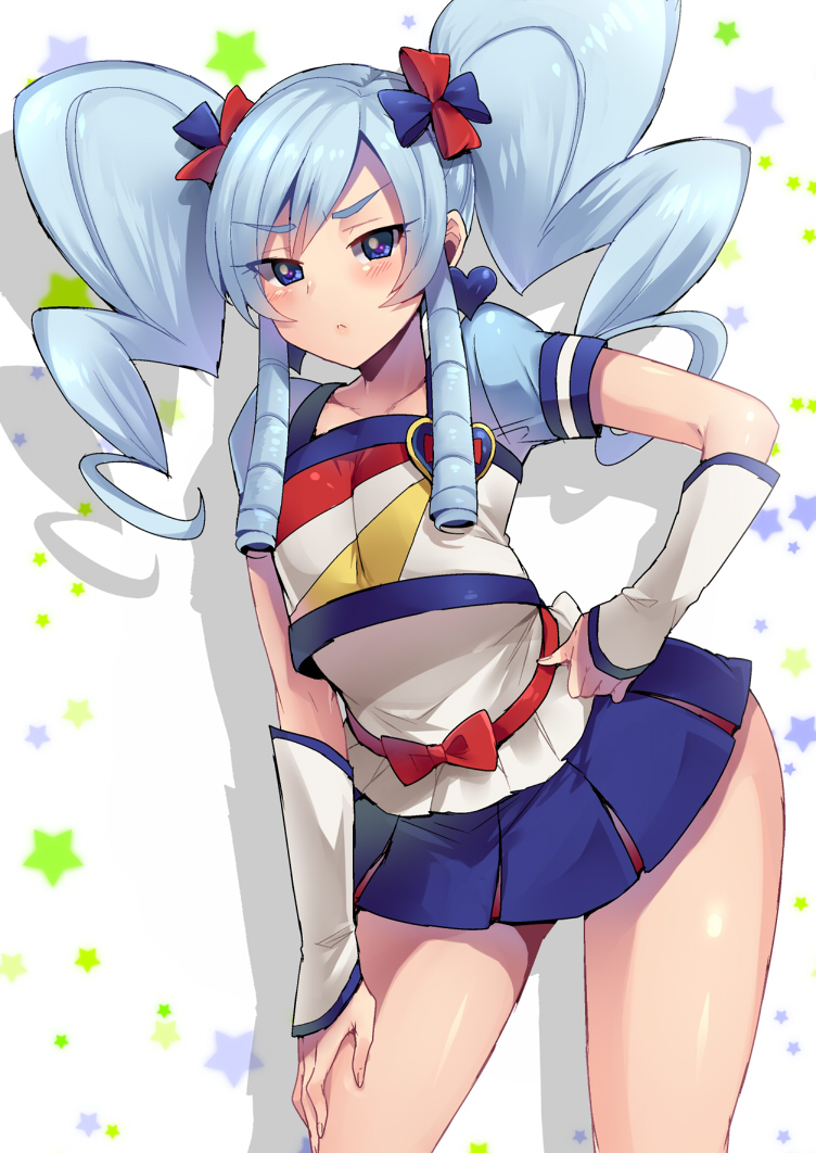 1girl, blue_eyes, blue_skirt, blush, cosplay, cure_honey, cure_honey_(cosplay), hand_on_hip, hand_on_thigh, happinesscharge_precure!, heart, hiuna_hayami, hosshiwa, long_hair, looking_at_viewer, popcorn_cheer, precure, ringlets, skirt, solo, twintails