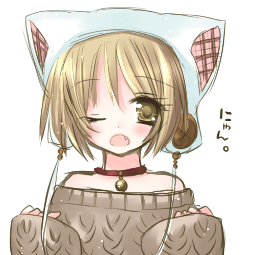1girl, animal_hat, aran_jumper, bare_shoulders, brown_eyes, brown_hair, cat_hat, choker