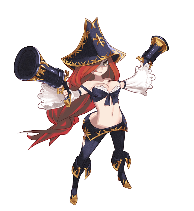 1girl, :q, boots, breasts, cleavage, dual_wielding, hair_over_one_eye, hat