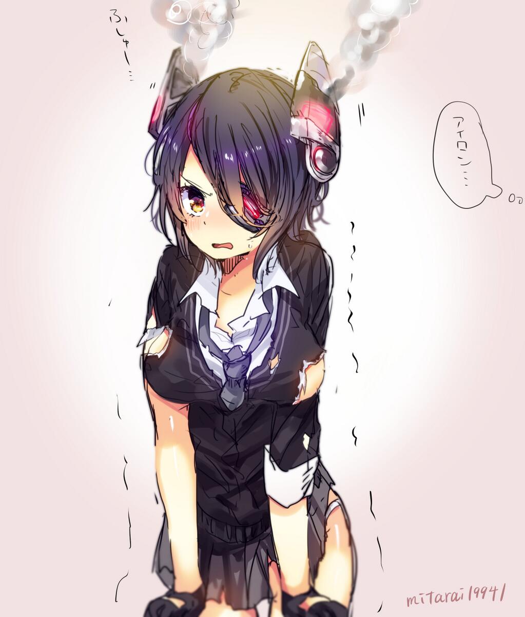 1girl, blush, breasts, eyepatch, fingerless_gloves, gloves, gradient, gradient_background
